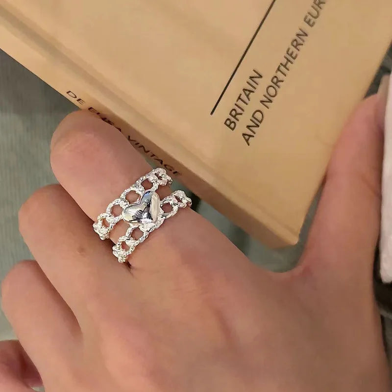 خاتم مفتوح من الفضة الإسترليني عيار 925 بتصميم بانك على شكل قلب، بتصميم هندسي غير منتظم، قابل للتكديس، هدية مجوهرات للنساء والفتيات، خدمة توصيل مباشرة بالجملة