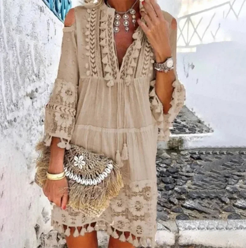 Spring Large Size Women Dress Lace White V-neck Lace Tassel Casual Dresses Female New Casual Elegant Fashion Ladies Clothes