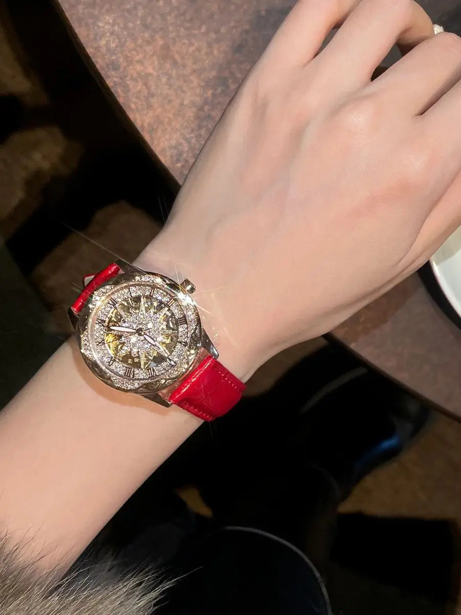 ساعة ميكانيكية عباد الشمس للنساء عالية الجودة خفيفة فاخرة ساعة فنية حمراء للنساء ساعة ميكانيكية