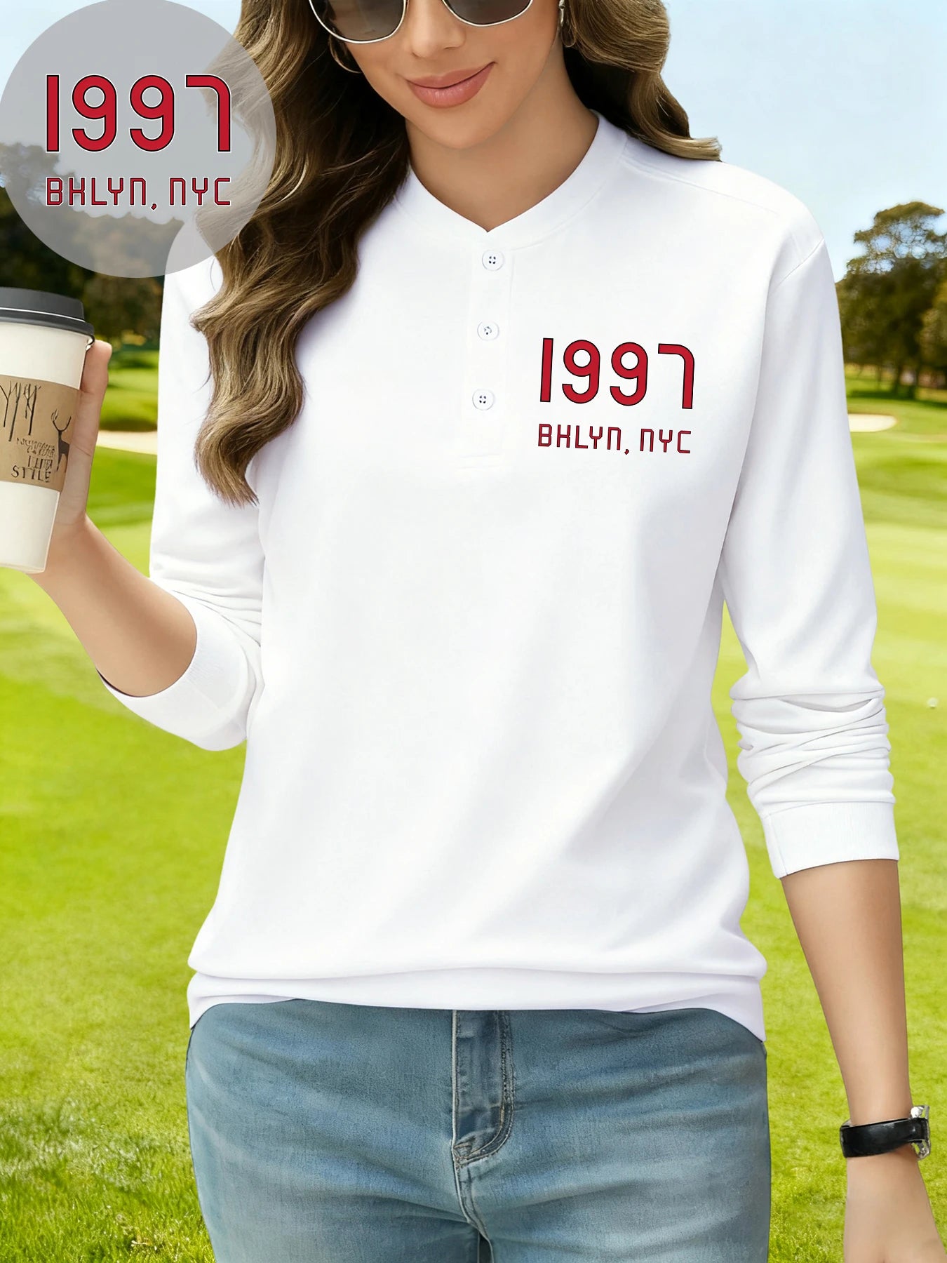 قميص نسائي أساسي رياضي خريفي بأكمام طويلة من Bhlyn New York City مطبوع عليه Henley من عام 1997، قمصان قطنية برقبة هنري، ملابس عمل