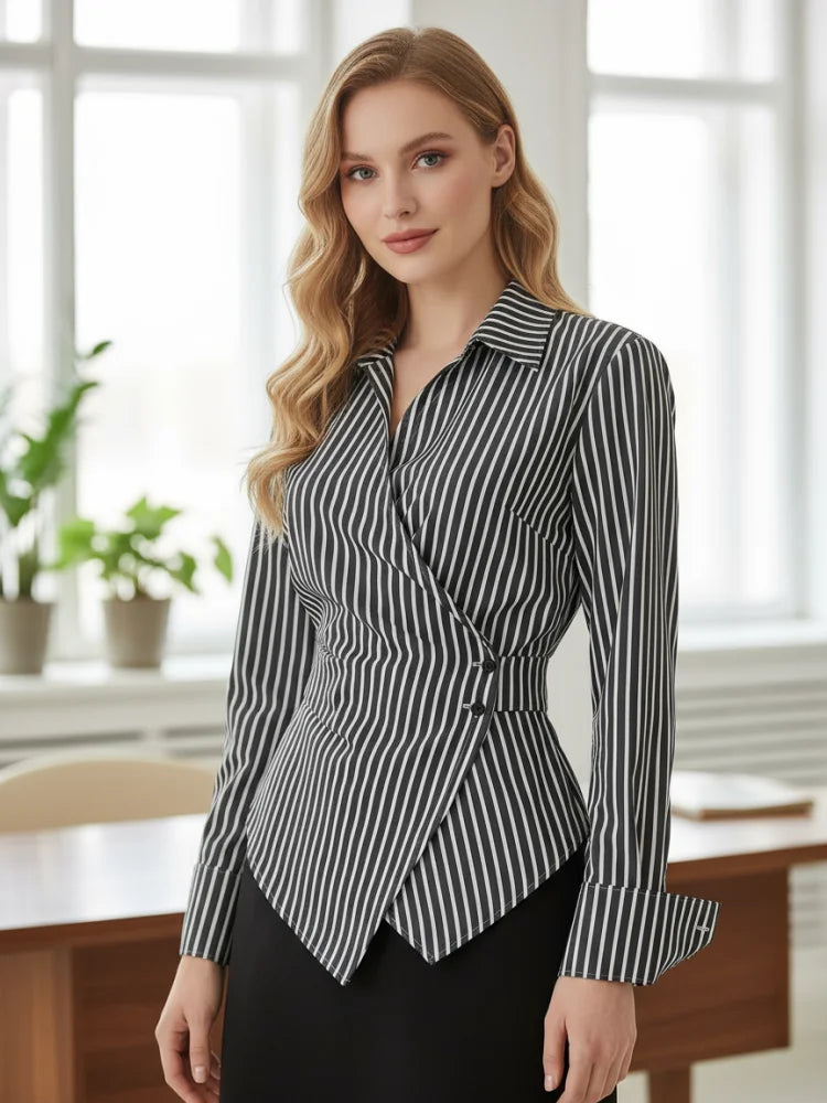 تيشيرت نسائي مخطط بأكمام طويلة من بونبوهو، تصميم جديد لخريف 2025، بياقة على شكل حرف V متقاطعة وقصة ضيقة، بلوزة أنيقة مناسبة للعمل اليومي للسيدات