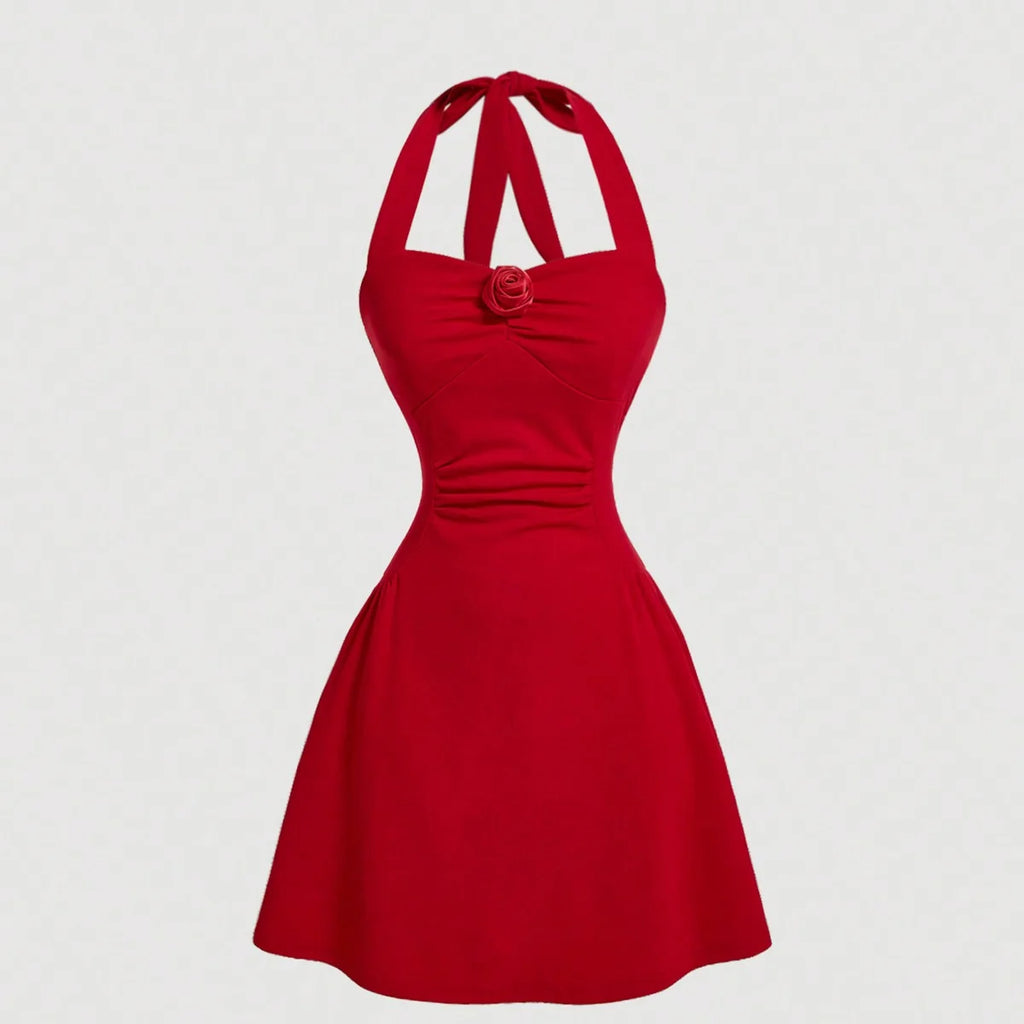 Red Bow Halter Dress Female New Autumn Spice Girl Pleatedming Solid Color Dress