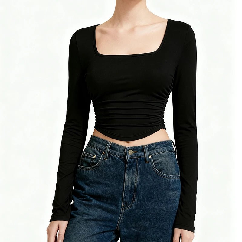 مجموعة من 3 قطع من قمصان الخريف والشتاء النسائية بأكمام طويلة وقمصان قصيرة موضة خريف 2025، رقبة مربعة، ملابس أساسية للخروج، تيشيرتات مناسبة لفصل الربيع والصيف