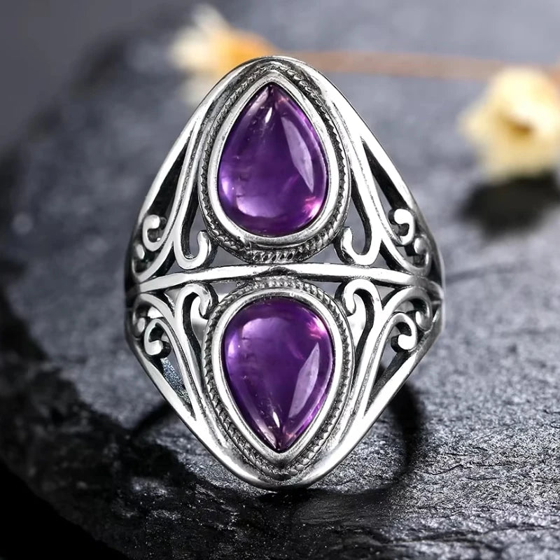 خواتم عتيقة من الفضة الإسترليني عيار 925 مرصعة بحجر الجمشت الطبيعي، بتصميم زهرة، مجوهرات فضية فاخرة بتصميم كلاسيكي، هدايا مثالية للحفلات للنساء والرجال