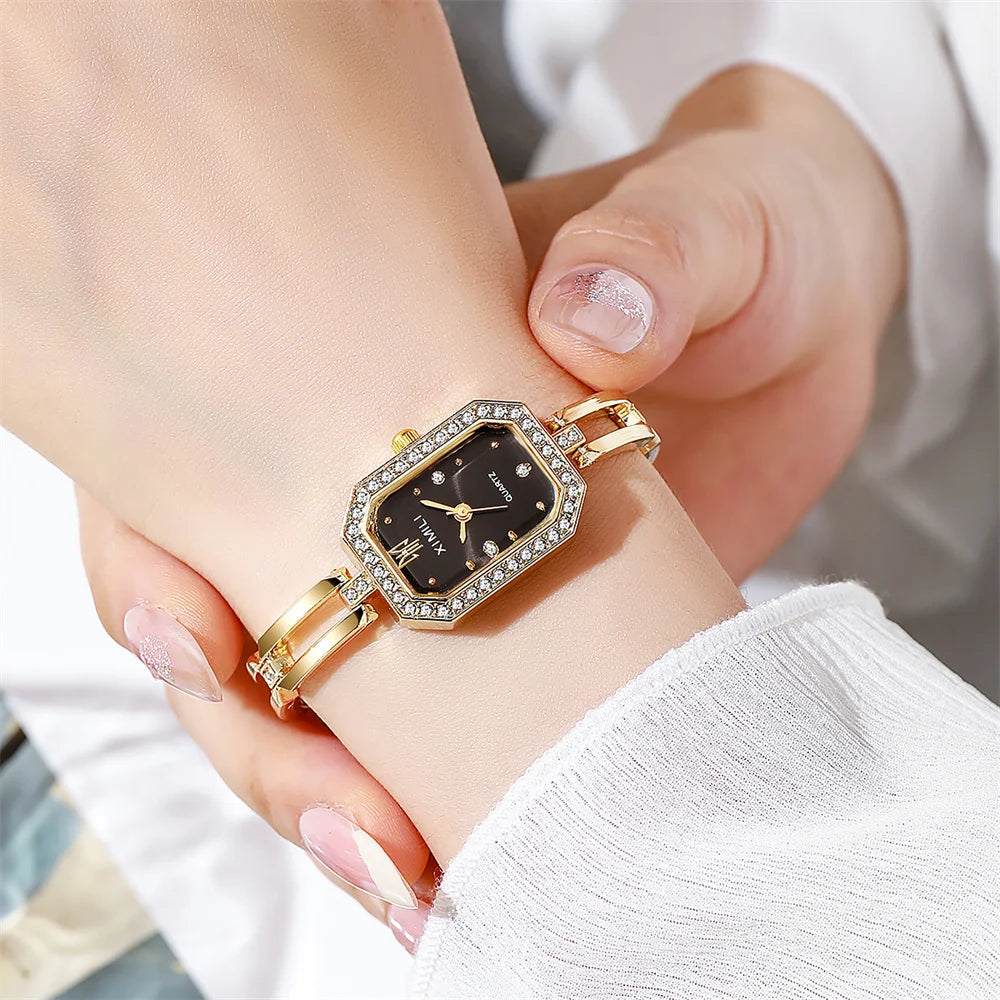 ساعة يد نسائية أنيقة وبسيطة مرصعة بالألماس، بتصميم بريطاني، مصنوعة من الفولاذ المقاوم للصدأ، وسوار ذهبي، هدية مثالية للنساء.