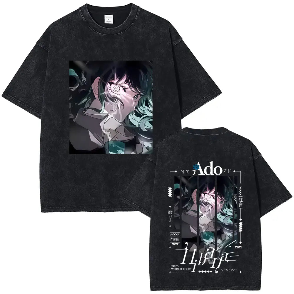 تي شيرت رجالي من القطن الخالص مطبوع عليه عبارة Ado Moth To The Fire Phantom Siita Washed T-shirt، تي شيرت رجالي فضفاض بتصميم ريترو وموسيقى البوب ​​اليابانية