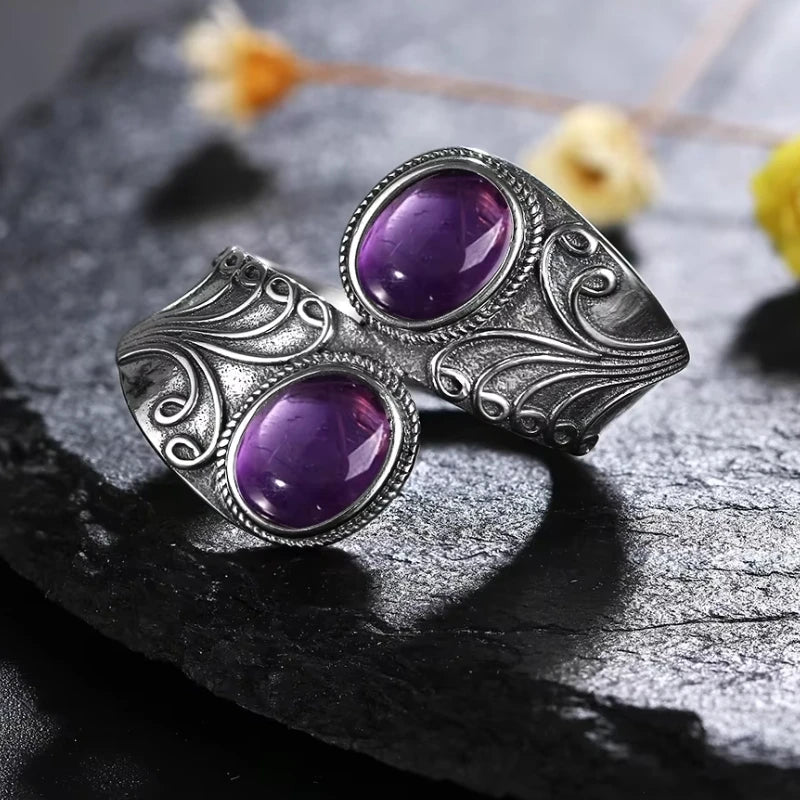 خواتم عتيقة من الفضة الإسترليني عيار 925 مرصعة بحجر الجمشت الطبيعي، بتصميم زهرة، مجوهرات فضية فاخرة بتصميم كلاسيكي، هدايا مثالية للحفلات للنساء والرجال