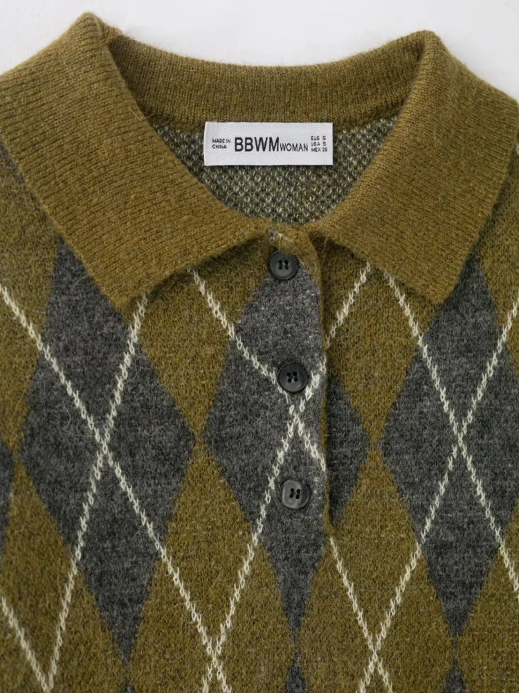 سترة كارديجان قصيرة محبوكة بنقشة ماسية وياقة بولو للخريف للنساء بأزرار مزخرفة سترة نسائية كاجوال
