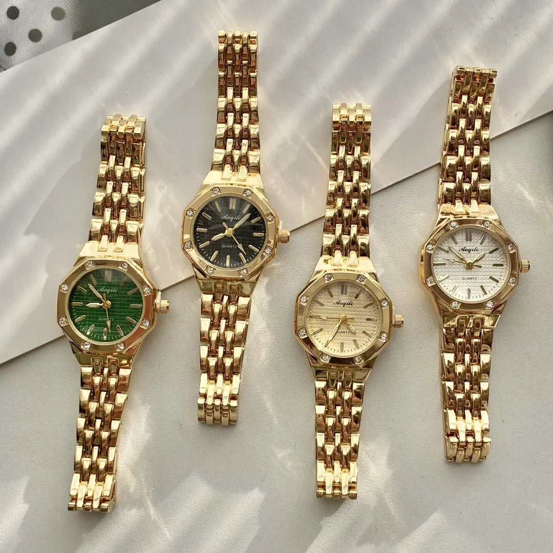 ساعة يد نسائية فاخرة بتصميم دائري، سوار من الفولاذ الذهبي، تعمل بالكوارتز، ساعة يد ذهبية أنيقة للنساء.