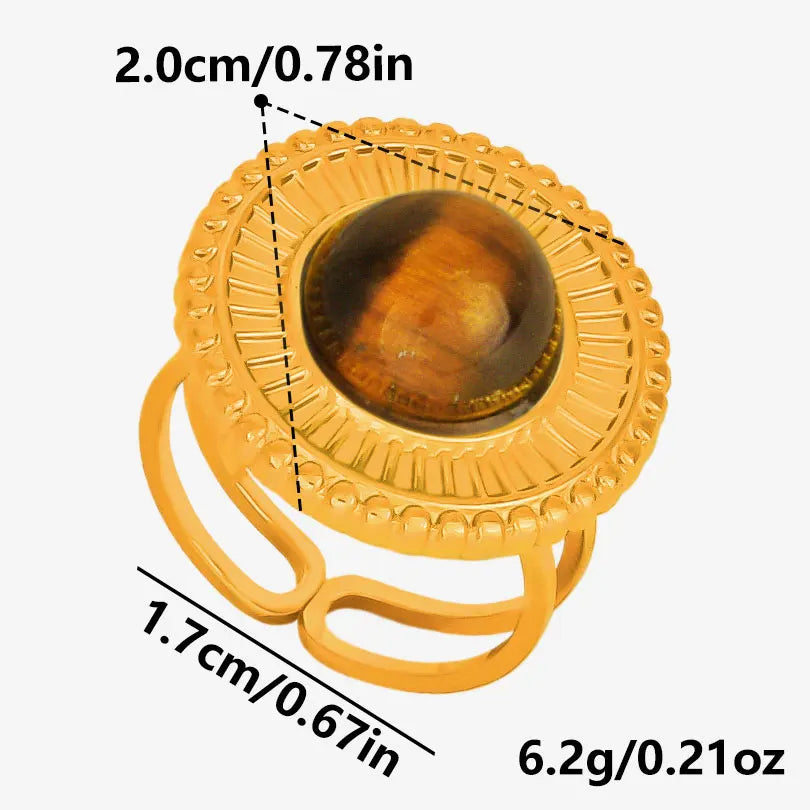 خاتم من حجر عين النمر الحقيقي على شكل قلب الشمس من الفولاذ المقاوم للصدأ، خواتم مفتوحة للنساء والرجال، إكسسوارات مجوهرات عتيقة مطلية بالذهب الحقيقي