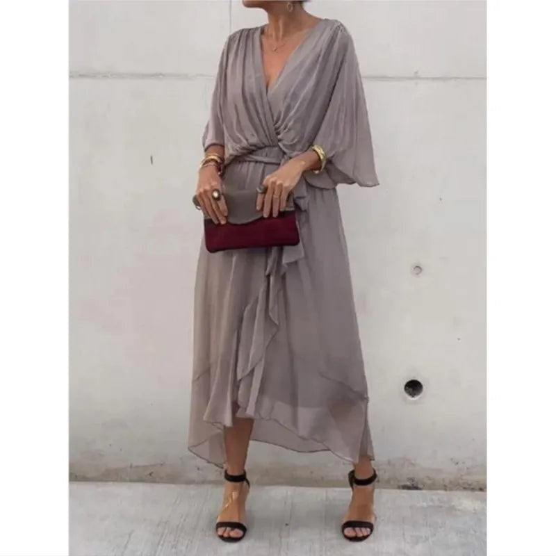 Elegant Chiffon Solid Party Dresses For Women Sexy V Neck Bat Sleeves Lace Up Ruffles Irregular Long Dress Casual Robe Femme