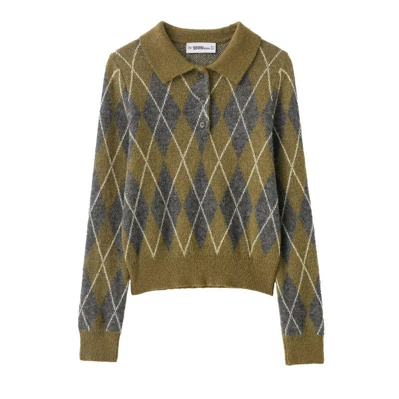 سترة كارديجان قصيرة محبوكة بنقشة ماسية وياقة بولو للخريف للنساء بأزرار مزخرفة سترة نسائية كاجوال