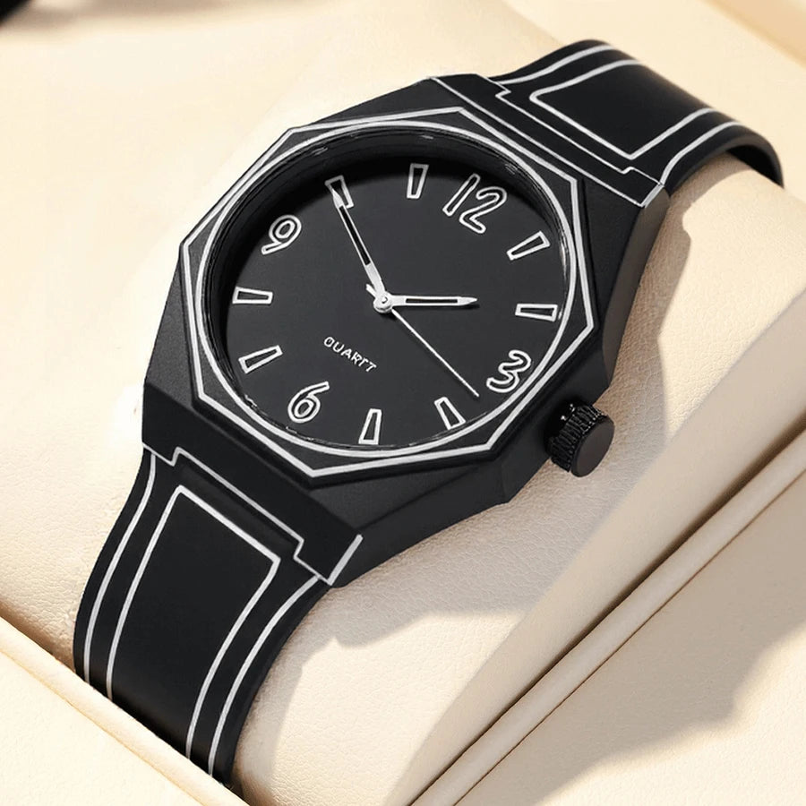 ساعة يد نسائية فاخرة كوارتز بسوار سيليكون ناعم، مقاومة للماء، بتصميم عصري بسيط مستوحى من القصص المصورة، باللونين الأسود والأبيض