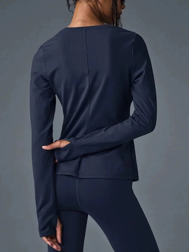 قميص رياضي نسائي بأكمام طويلة ورقبة دائرية مطاطية من الأسفل، تي شيرت يوجا، لياقة بدنية، جري، سويت شيرت أسود كحلي سادة للنساء