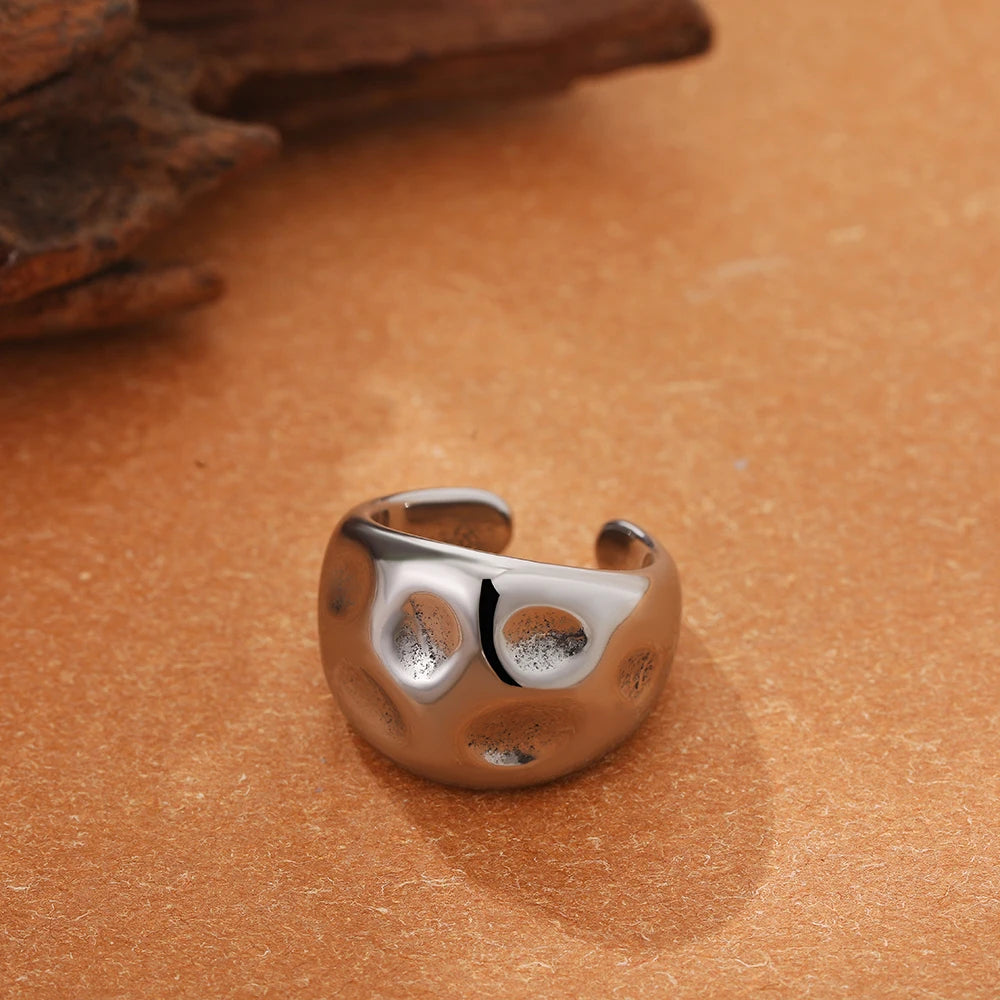 خواتم مفتوحة غير منتظمة الشكل ذات تصميم هندسي ناعم من المعدن للنساء والرجال، خاتم إصبع سميك بتصميم قبة قابل للتعديل مصنوع من الفولاذ المقاوم للصدأ