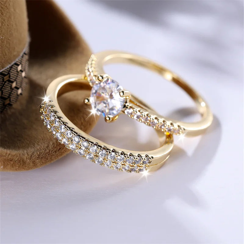 White Zircon Stacking Couple Ring Set 2pcs Female Round Gold Color Bridal Rings For Women Wedding Bands Party Jewelry CZ