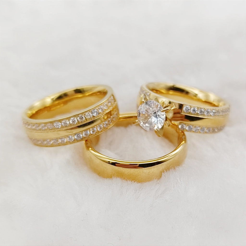 مجموعة خواتم خطوبة وزواج عالية الجودة مكونة من 3 قطع للأزواج مطلية بالذهب عيار 18 قيراطًا ومرصعة بالألماس، خاتم عشاق مجوهرات عصرية
