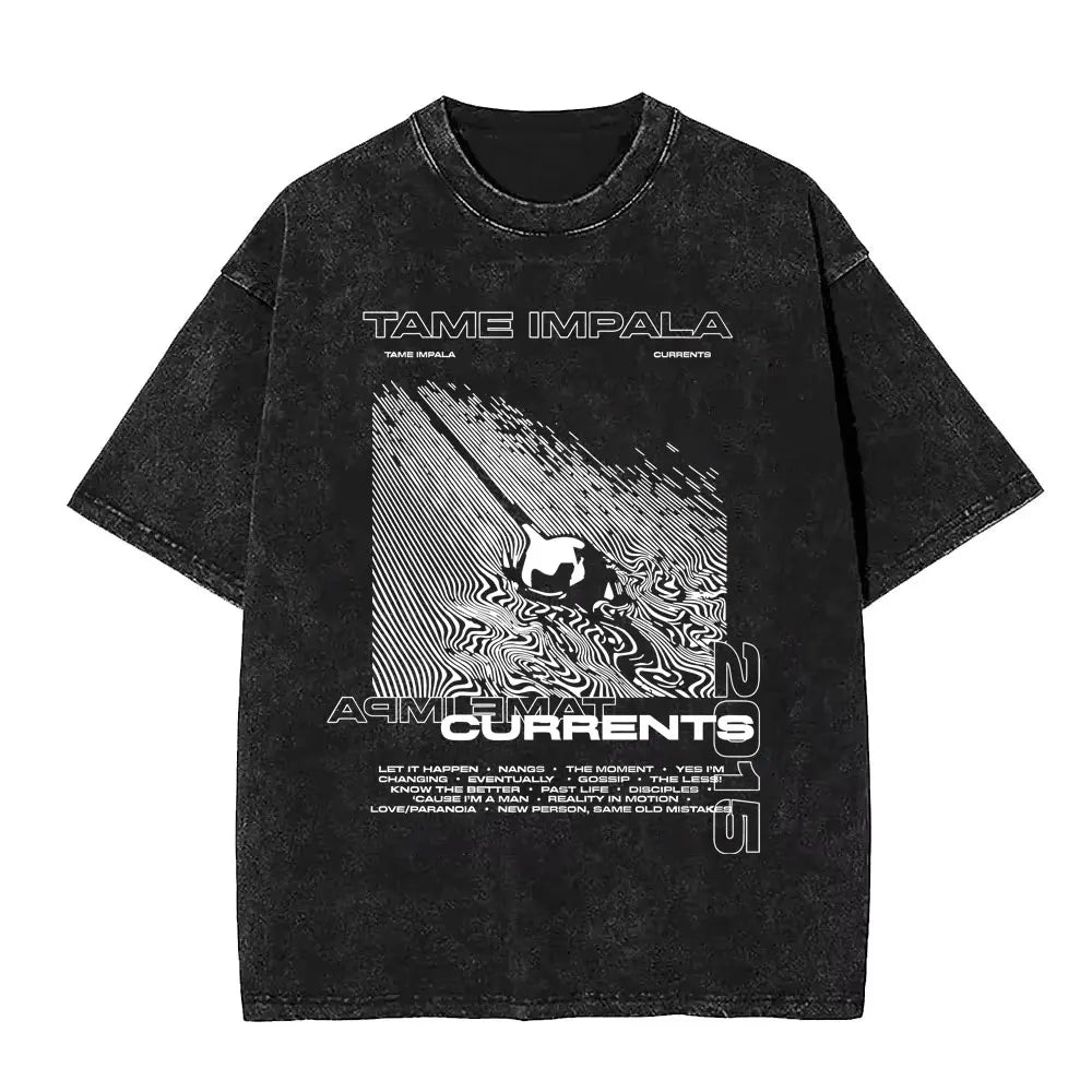 تي شيرت رجالي كاجوال فضفاض بأكمام قصيرة من القطن مطبوع عليه عبارة VintageWashed Pop Rock Band Tames Impala Current Graphic Print