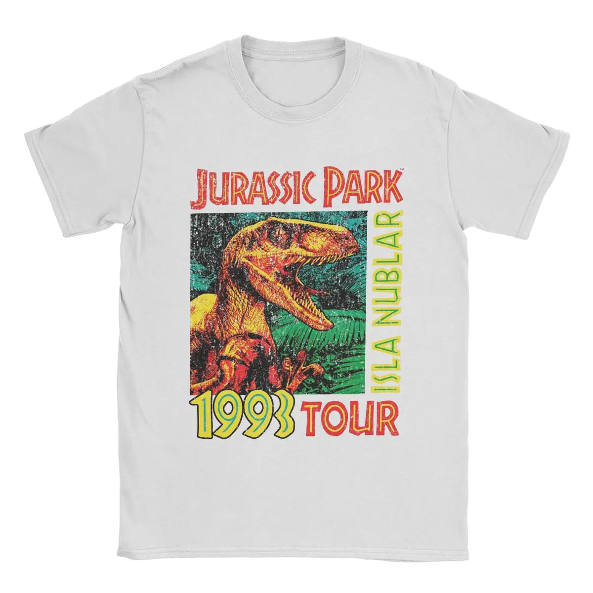 تي شيرت رجالي من Jurassic Park Tour 1993 مصنوع من القطن الخالص بأكمام قصيرة ورقبة دائرية ورسومات جرافيكية