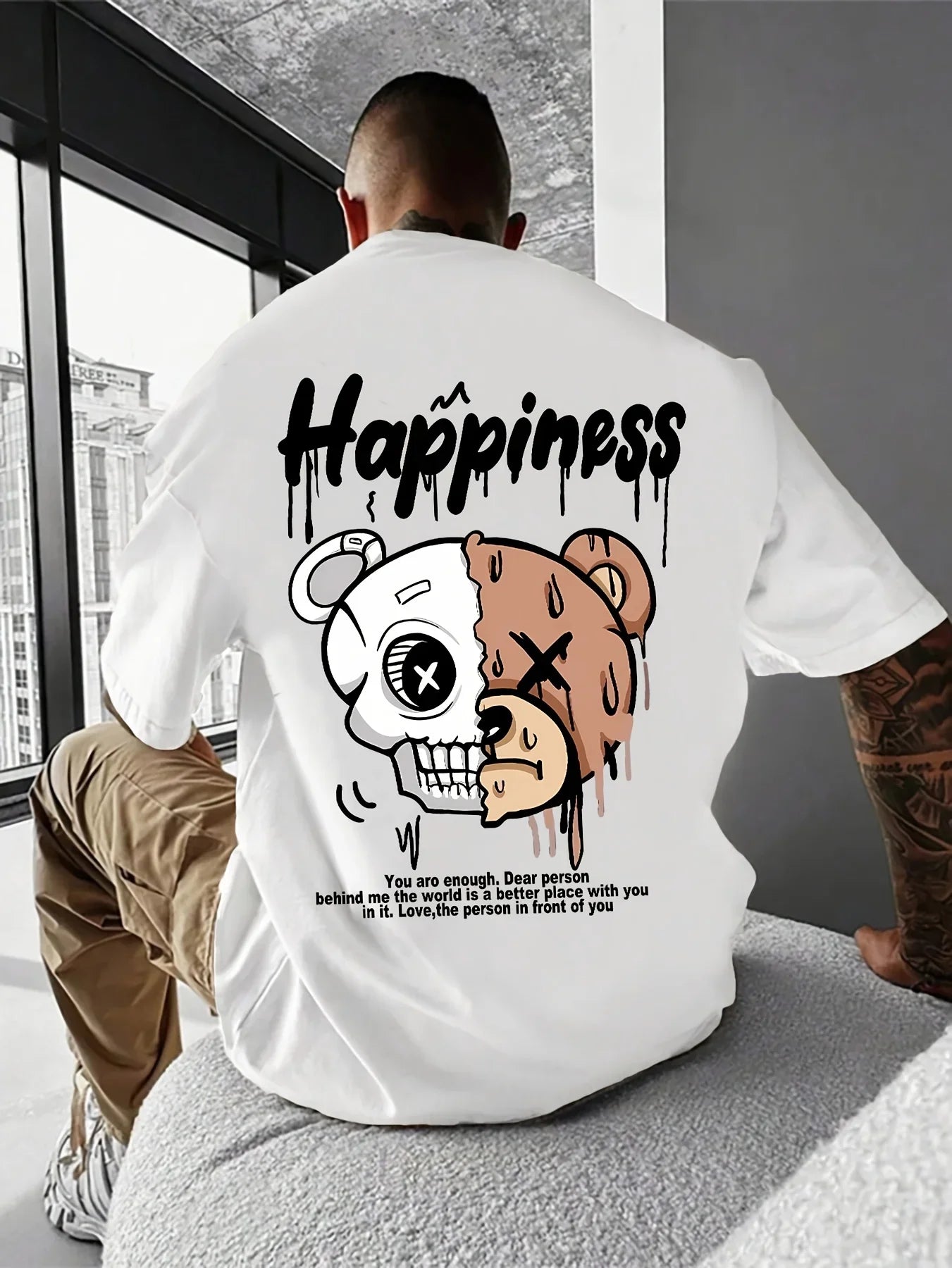 Men's summer 100% pure cotton fashionable casual sports loose cartoon bear pattern print round neck short sleeved T-shirt top