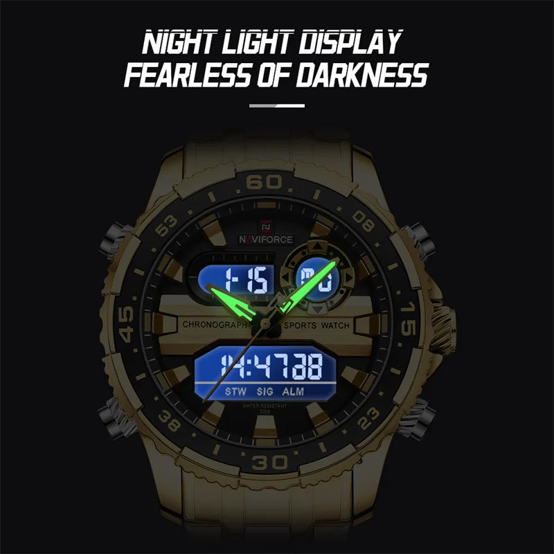 ساعة NAVIFORCE الرياضية الفاخرة للرجال مقاومة للماء وحركة كوارتز كرونوغراف وسوار فولاذي وعرض التاريخ والأسبوع الرقمي