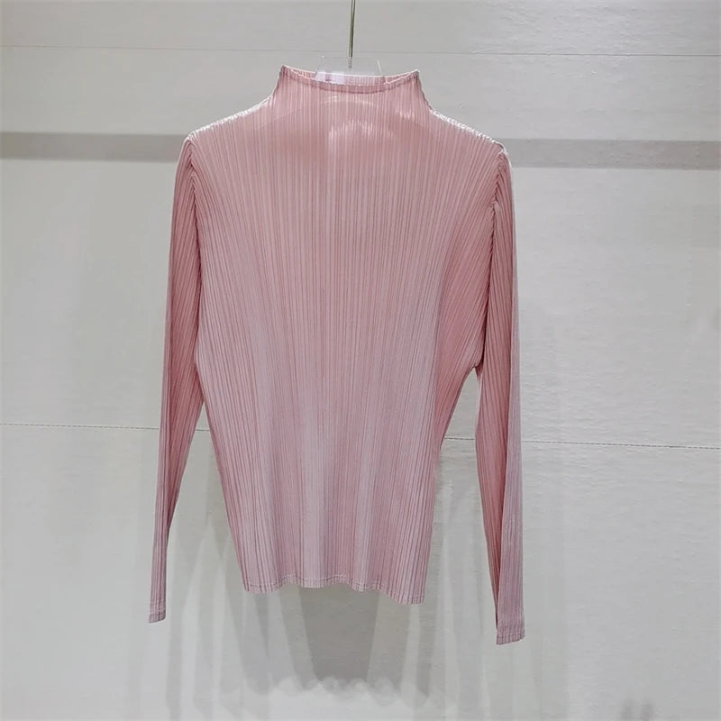 Miyake Pleated T-Shirt Woman Stand Collar Solid Color Loose Wild Full Sleeve Pullover Tops Causal Style Over Size Fall 2022 New