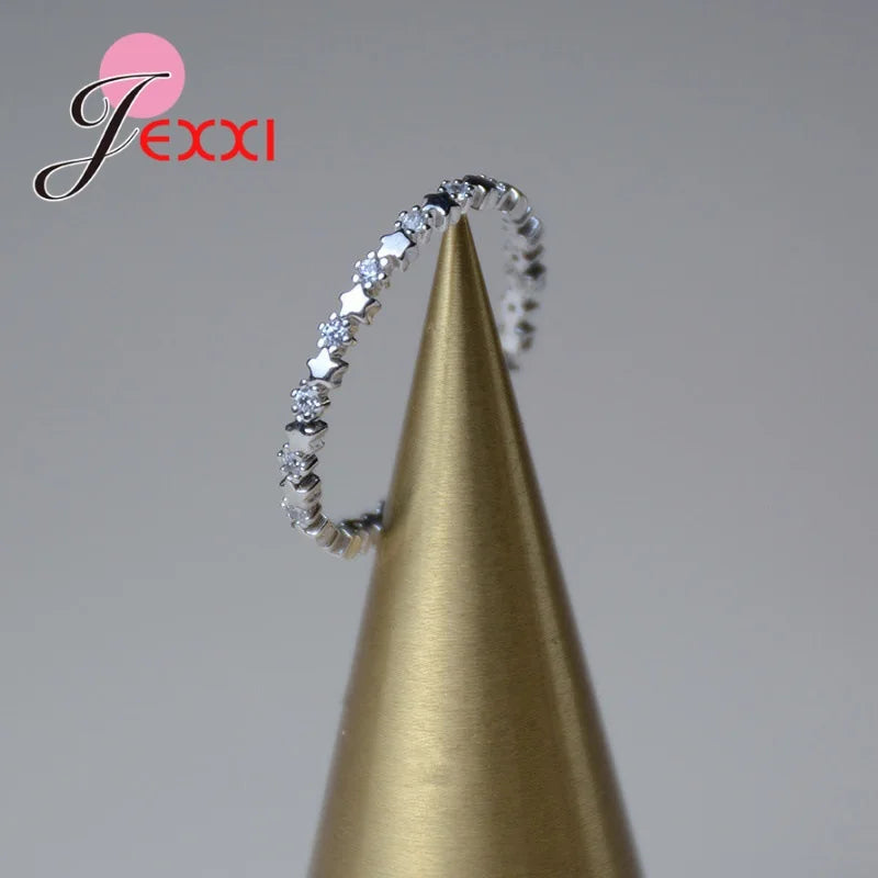 خاتم فاخر أصلي رقيق من الفضة الخالصة عيار 925 بتصميم نجوم إبرية، مرصع بأحجار الزركونيا المكعبة الشفافة الأصلية، هدية زفاف مثالية للنساء