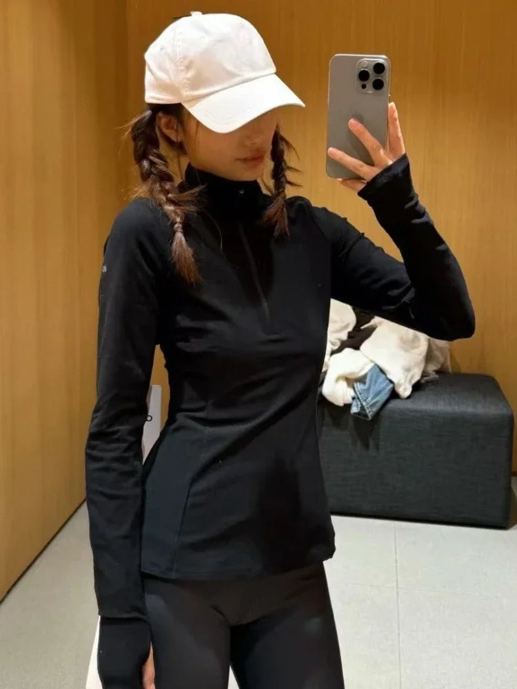 قميص بولو يوجا نسائي رياضي بنصف سحاب وأكمام طويلة، قميص خريفي أسود أنيق كوري ضيق ومريح، قمصان نسائية سادة