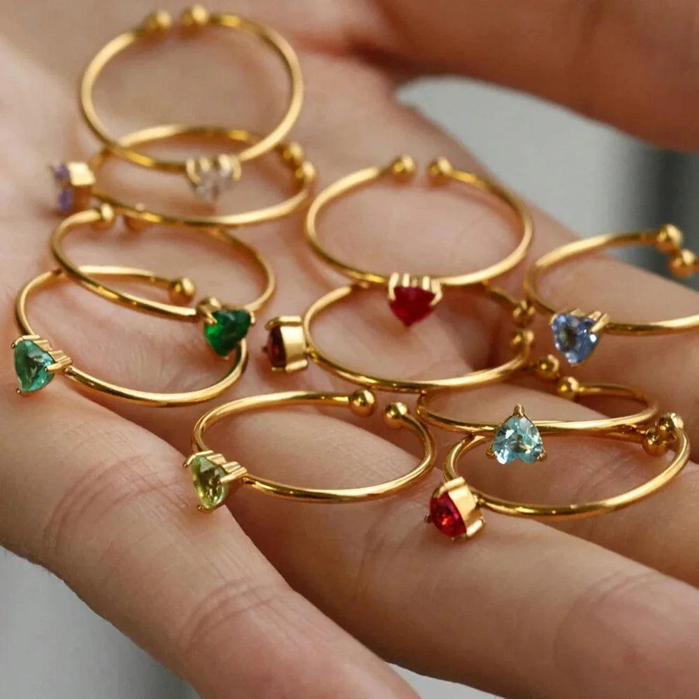 خواتم مفتوحة على شكل قلب ملون مرصعة بالزركون المكعب للنساء، خاتم أميرة أنيق بلون ذهبي من الفولاذ المقاوم للصدأ، هدية زفاف