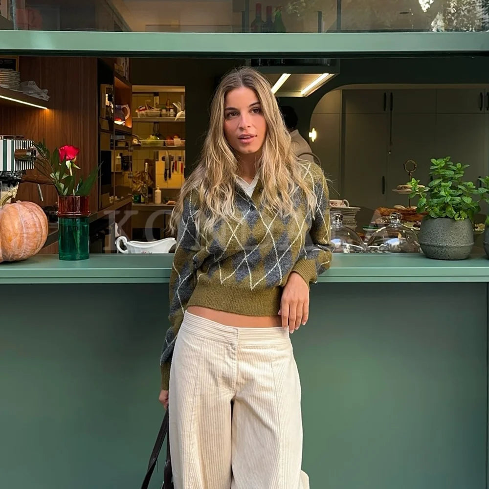 KONDALA 2025 Fall Winter Argyle Streetwear Knitted Women POLO Shirts Fashion Vintage Pullover Turndown Collar Ladies POLO Shirts