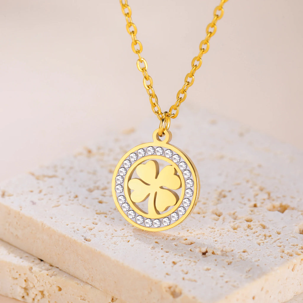 Skyrim Four Leaf Clover Zircon Round Pendant Necklace Stainless Steel Gold Color Choker for Women Jewelry Mother's Day Gift