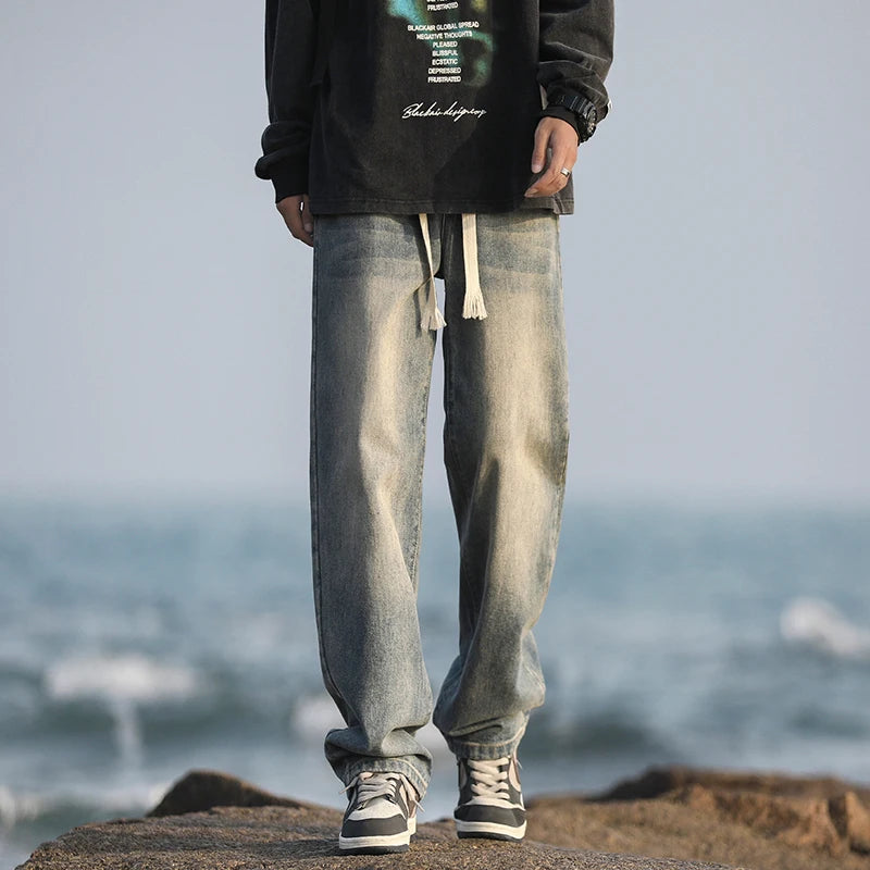 2025 Spring/Summer New 4-Color Retro Aged Men's Loose Straight leg Jeans Fashion Korean High Street Denim Pants Street Wear Men'