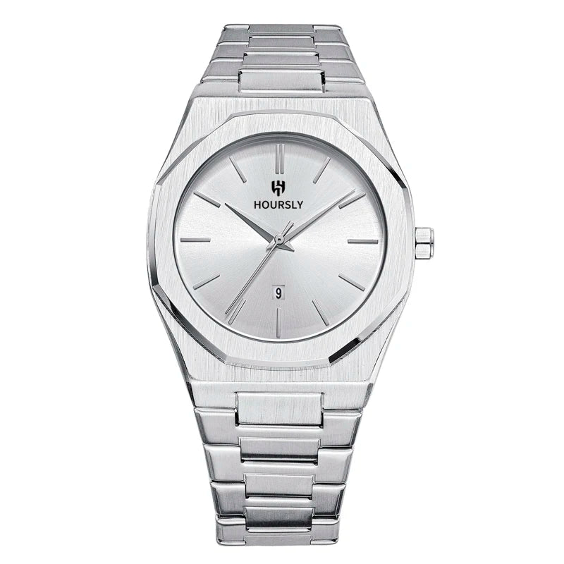 ساعة رجالية فاخرة مخصصة بحزام من الفولاذ المقاوم للصدأ ومقاومة للماء بتقويم دائري ساعة كوارتز بخط بسيط ومينا عصري للأعمال