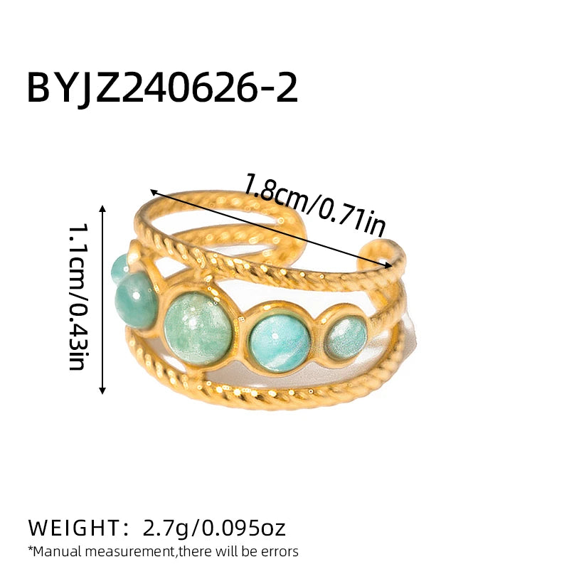 خاتم أنيق من الفولاذ المقاوم للصدأ مرصع بحجر الفيروز الأخضر الطبيعي والمالاكيت، قطعة مجوهرات صيفية كبيرة بتصميم بوهيمي للنساء