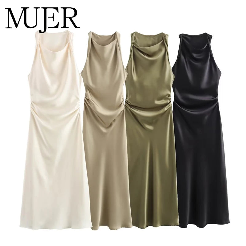 MUJER Satin Ruched Long Dresses for Women Sleeveless Summer Dress Woman off Shoulder Party Womens Dresses Beach Female Dress