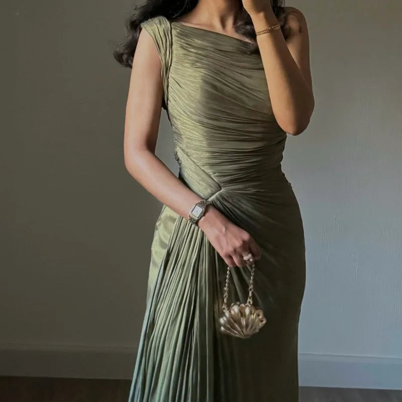 Elegant Off Shoulder Sleeveless Evening Gown Fashion High Waist Solid Color Dress Pleated Ribbon Sparkly Party Dress For Banquet