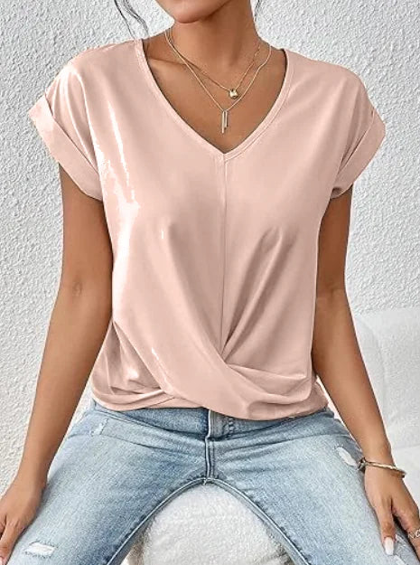 قميص أبيض سادة فضفاض بأكمام قصيرة وفتحة رقبة على شكل حرف V، مناسب للعمل، مثالي لفصلي الربيع والصيف، للنساء، موديل 2024.