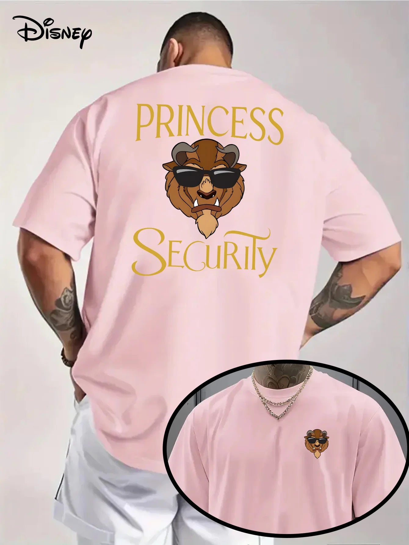 تيشيرت رجالي بنقشة ديزني الجميلة والوحش، مناسب للارتداء اليومي والأنشطة الترفيهية، مصنوع من القطن، بأكمام قصيرة وقصة واسعة.