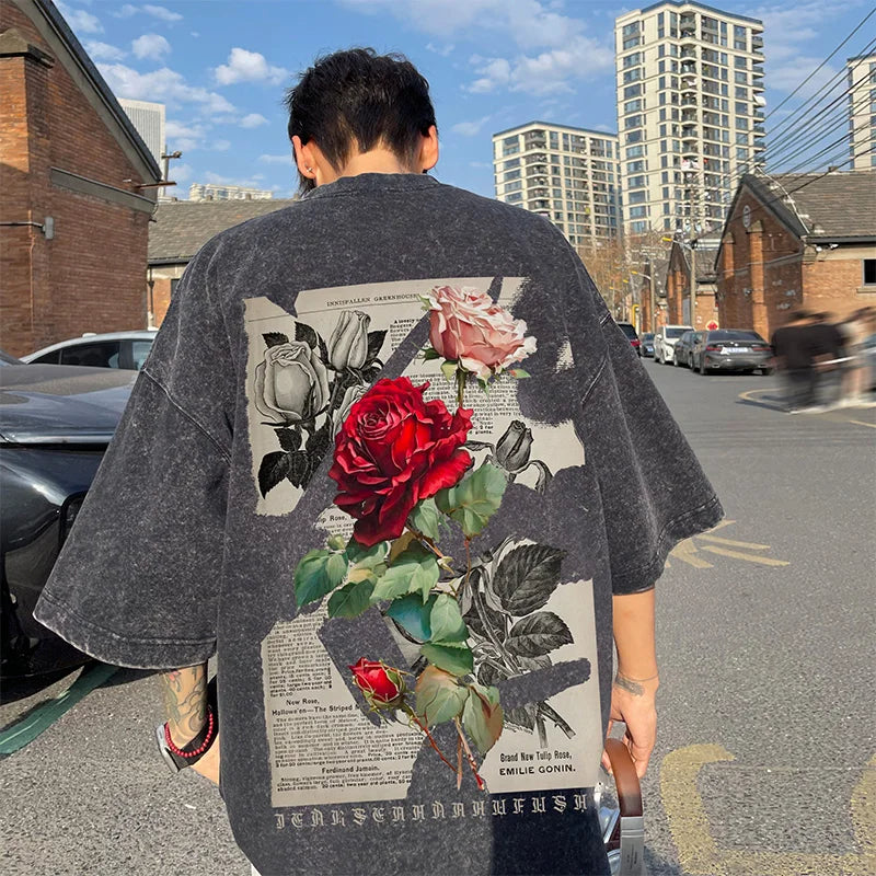 تي شيرت رجالي مغسول على الطراز القوطي بأكمام قصيرة ورسومات وردية عتيقة، تي شيرتات هيب هوب للزوجين، ملابس رجالية ونسائية