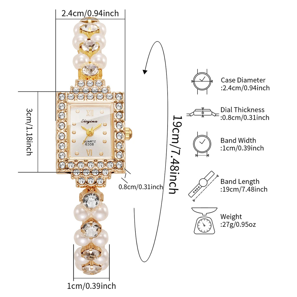 طقم ساعة يد نسائية أنيقة مكون من نصف ساعة، مرصعة بأحجار الراين، ذات مينا مستطيل، وسوار من اللؤلؤ (بدون علبة).