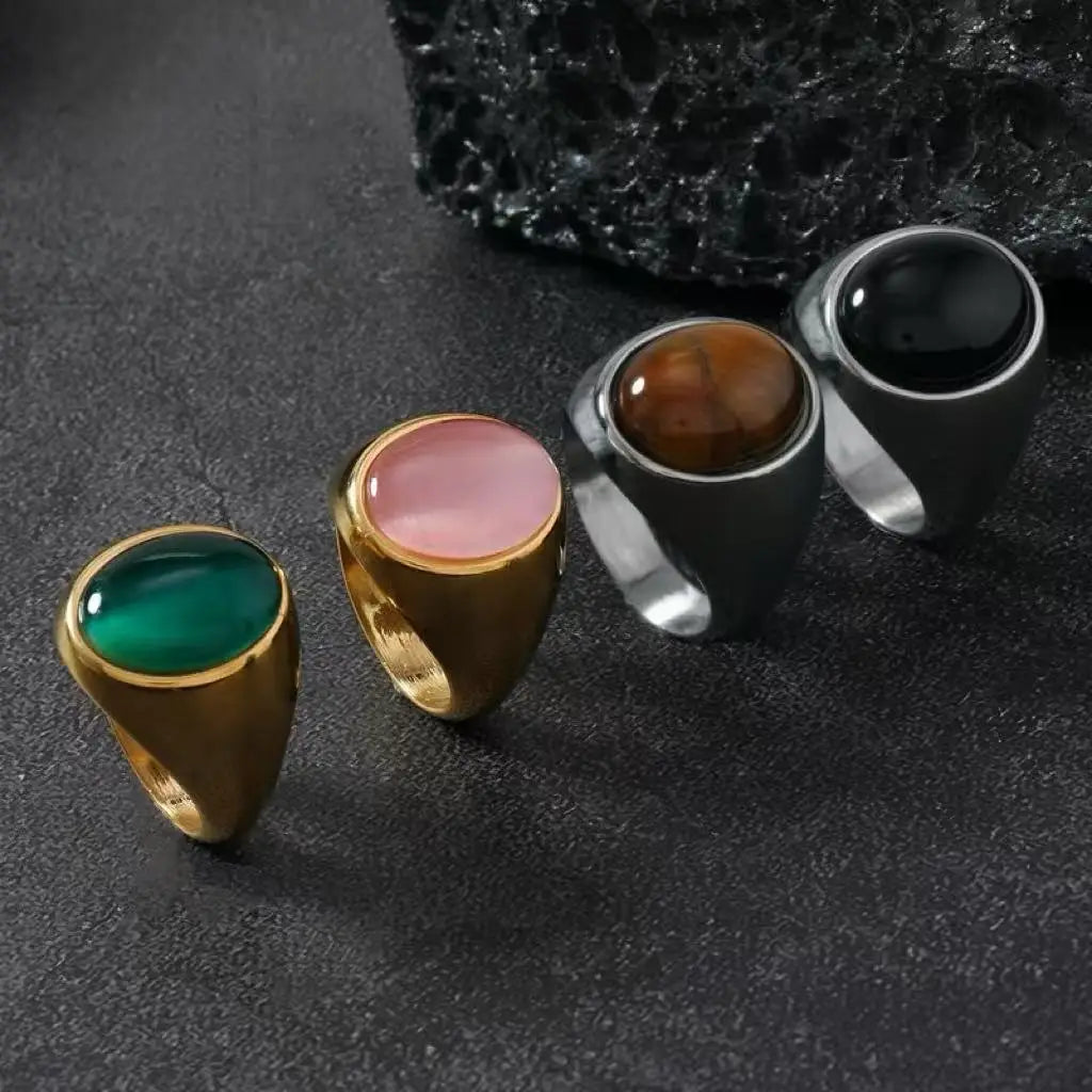 Vintage 316L Stainless Steel Black Pink Green Stone Ring For Women Men 2025 New Finger Fashion Jewelry Accessories 6-12 Big Size