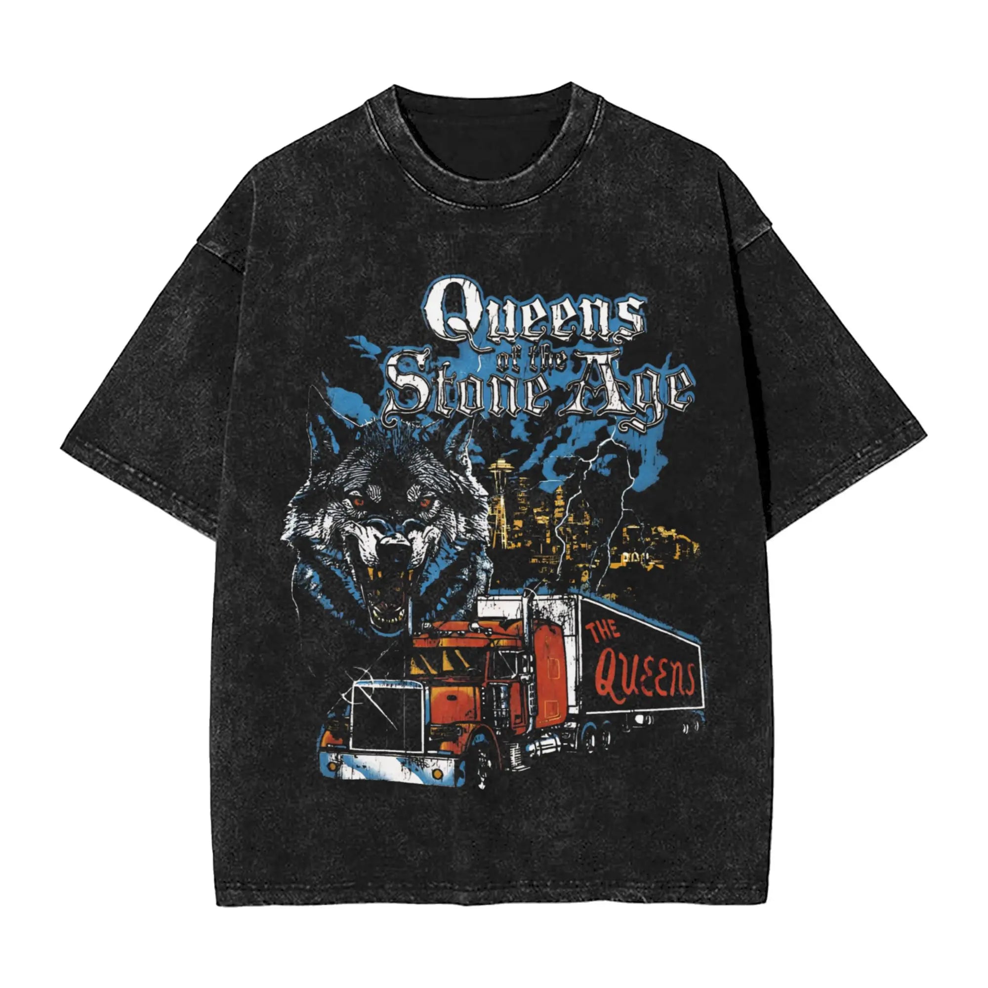 تي شيرت رجالي من فرقة ملكة العصر الحجري، تي شيرتات فكاهية مغسولة، تي شيرت بأكمام قصيرة وياقة مستديرة، تي شيرت قطني خالص، ملابس هدايا