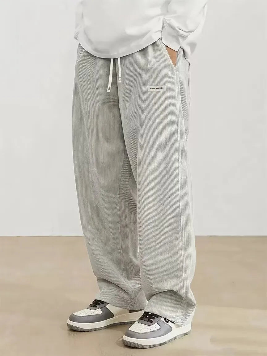 Mens Corduroy Casual Pants Fashion Loose Fit Baggy Pant Straight Sweatpants Elastic Waist Drawstring Outdoor Streetwear New 2025