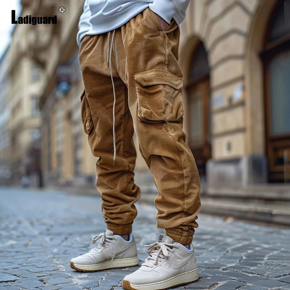 Men's Stand Pocket Corduroy Cargo Pants 2024 Autumn Basic Full-Length Trouser Plus Size Mens Casual Drawstring Sweatpants New