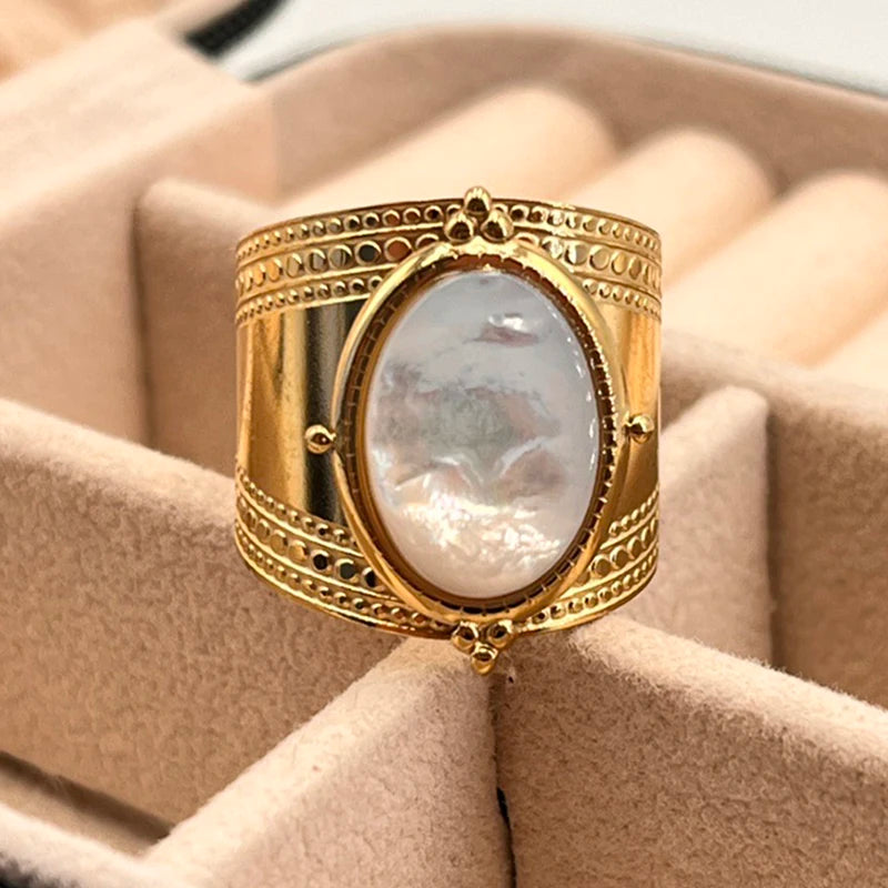 خواتم مفتوحة فاخرة من حجر الفيروز الطبيعي للنساء، مطلية بالذهب عيار 14 قيراطًا، مصنوعة من الفولاذ المقاوم للصدأ، خواتم عريضة، مجوهرات نسائية، هدايا للحفلات