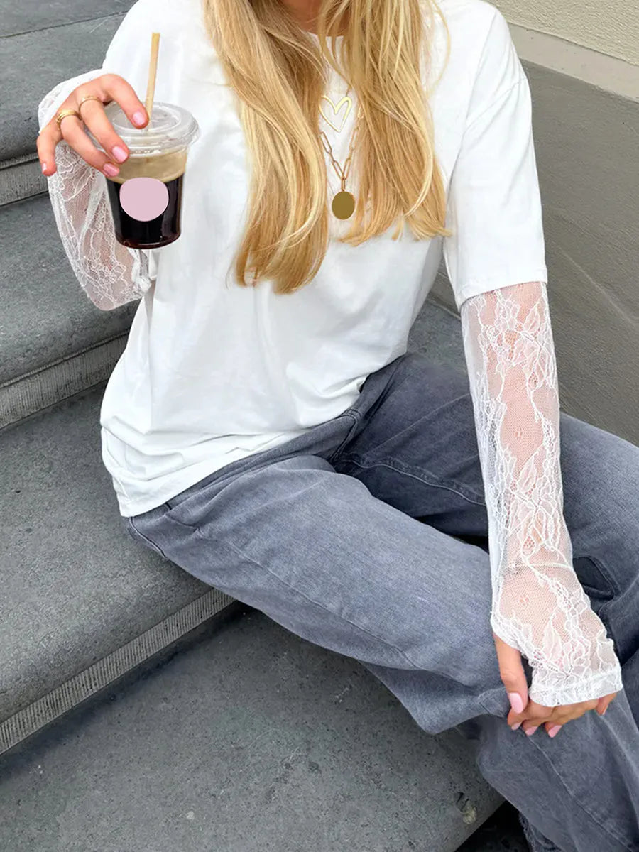 تيشيرت نسائي برقبة دائرية وأكمام طويلة من الدانتيل، مناسب للإطلالات الكاجوال، مثالي لفصلي الربيع والخريف، بقصة فضفاضة، لون موحد، مناسب لملابس الشارع، مستوحى من موضة الألفية الجديدة.