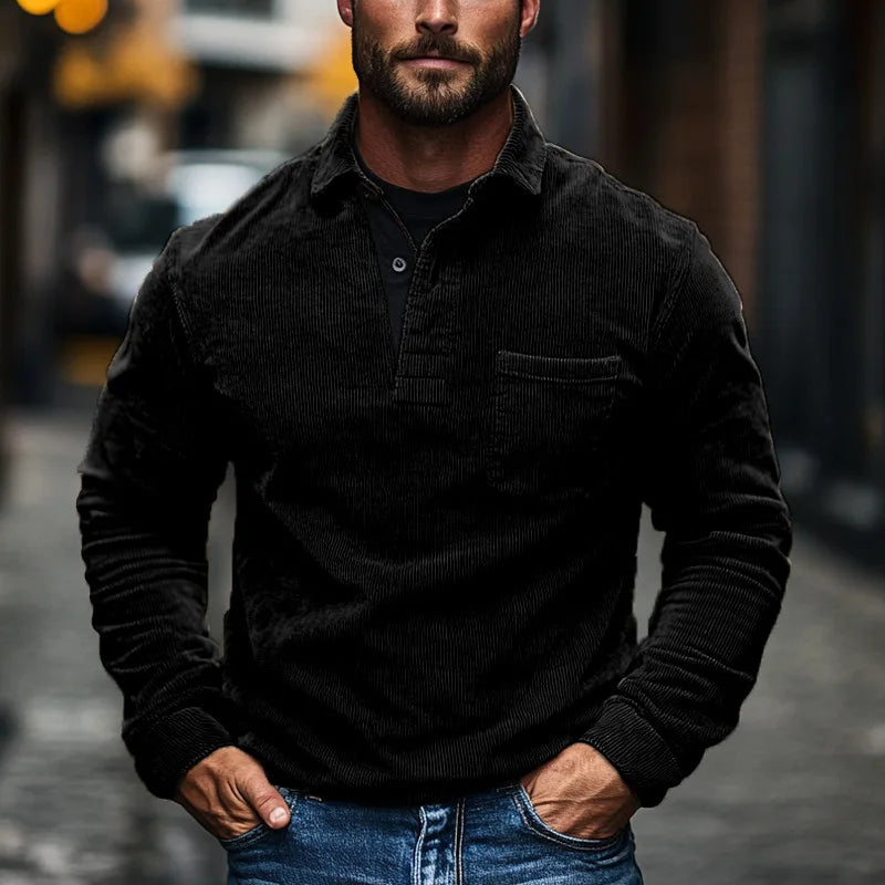 قميص بولو رجالي جديد من Crazy Muscle مصنوع من قماش مخملي عتيق وجيوب بأزرار ولون سادة بأكمام طويلة مناسب للخريف والشتاء