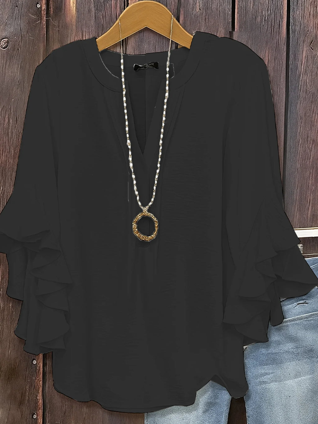 بلوزة نسائية بلون سادة أنيقة كاجوال بأكمام 3/4 وفتحة رقبة على شكل حرف V وبلوزات عادية مكشكشة للاستخدام اليومي باللون الأسود والأبيض والوردي والأخضر العسكري والصيف