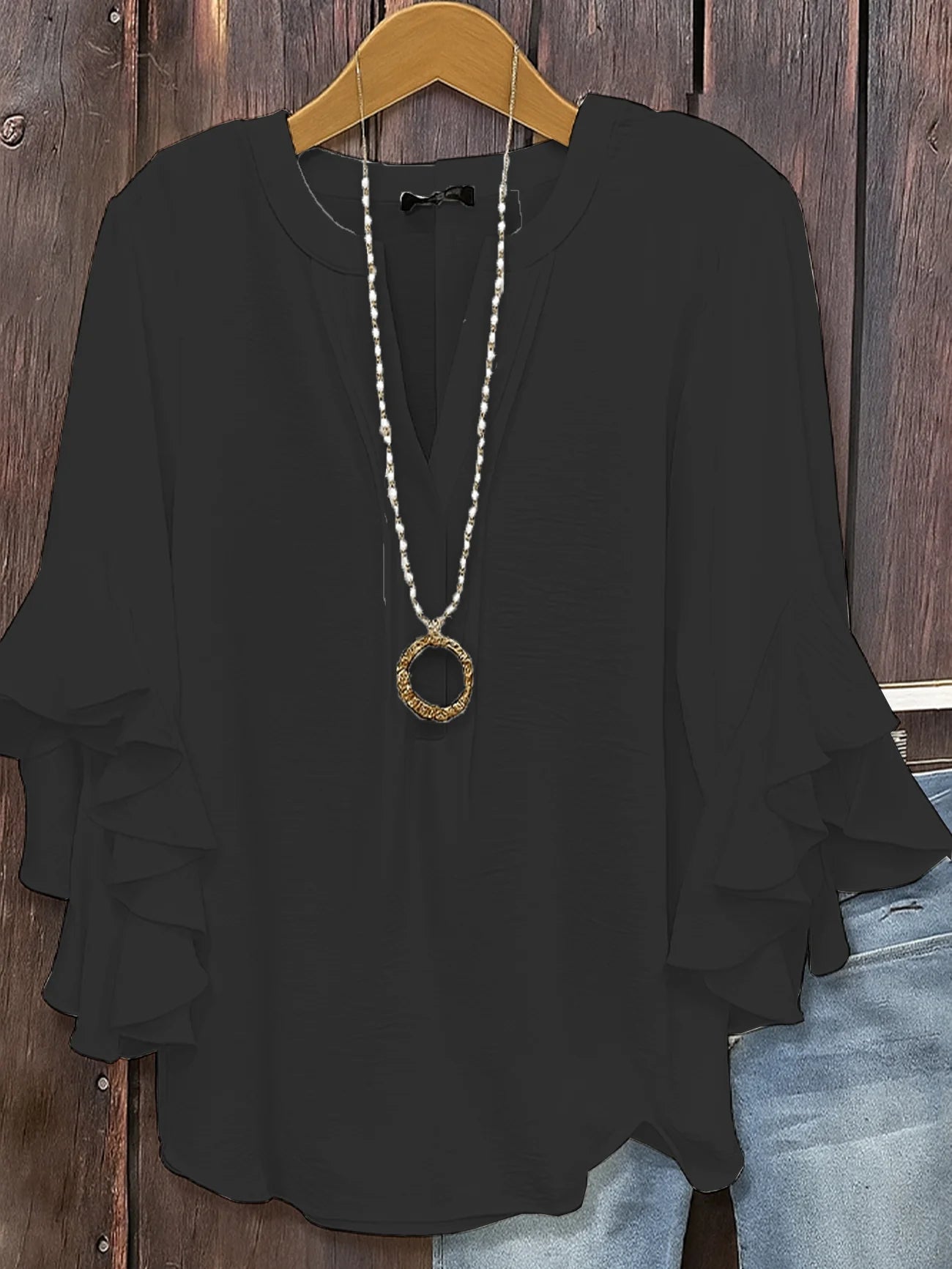 بلوزة نسائية بلون سادة أنيقة كاجوال بأكمام 3/4 وفتحة رقبة على شكل حرف V وبلوزات عادية مكشكشة للاستخدام اليومي باللون الأسود والأبيض والوردي والأخضر العسكري والصيف