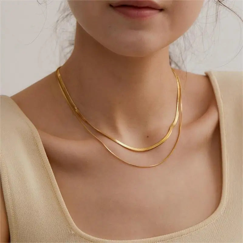 SUNSLL 2/3/4/5MM Stainless Steel Gold Silver Color Flat Herringbone Snake Chain Necklace For Women Men Waterproof Choker Jewelry